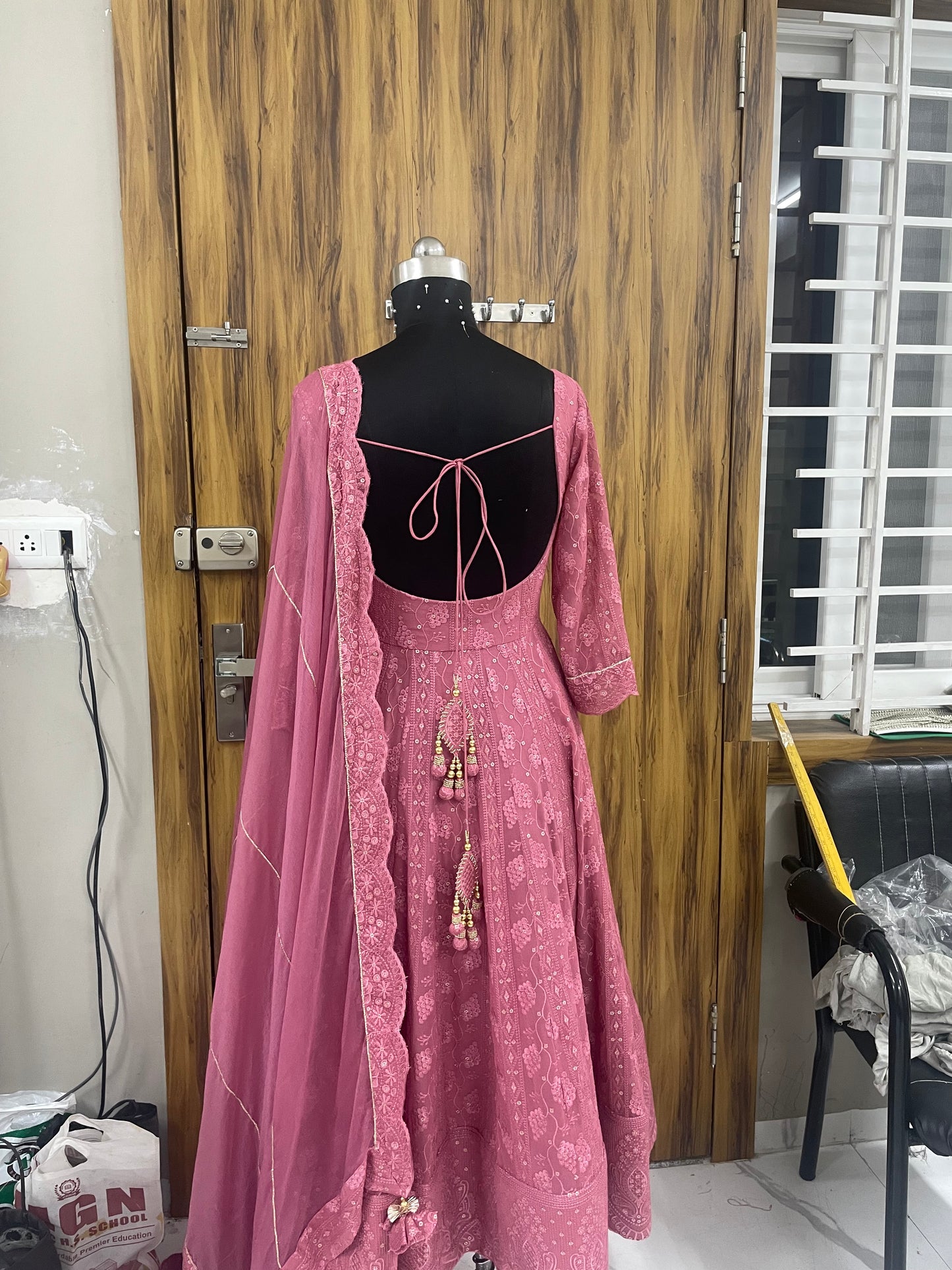 DUSTY ROSE CHIKANKARI ANARKALI SUIT SET (SET OF 3)