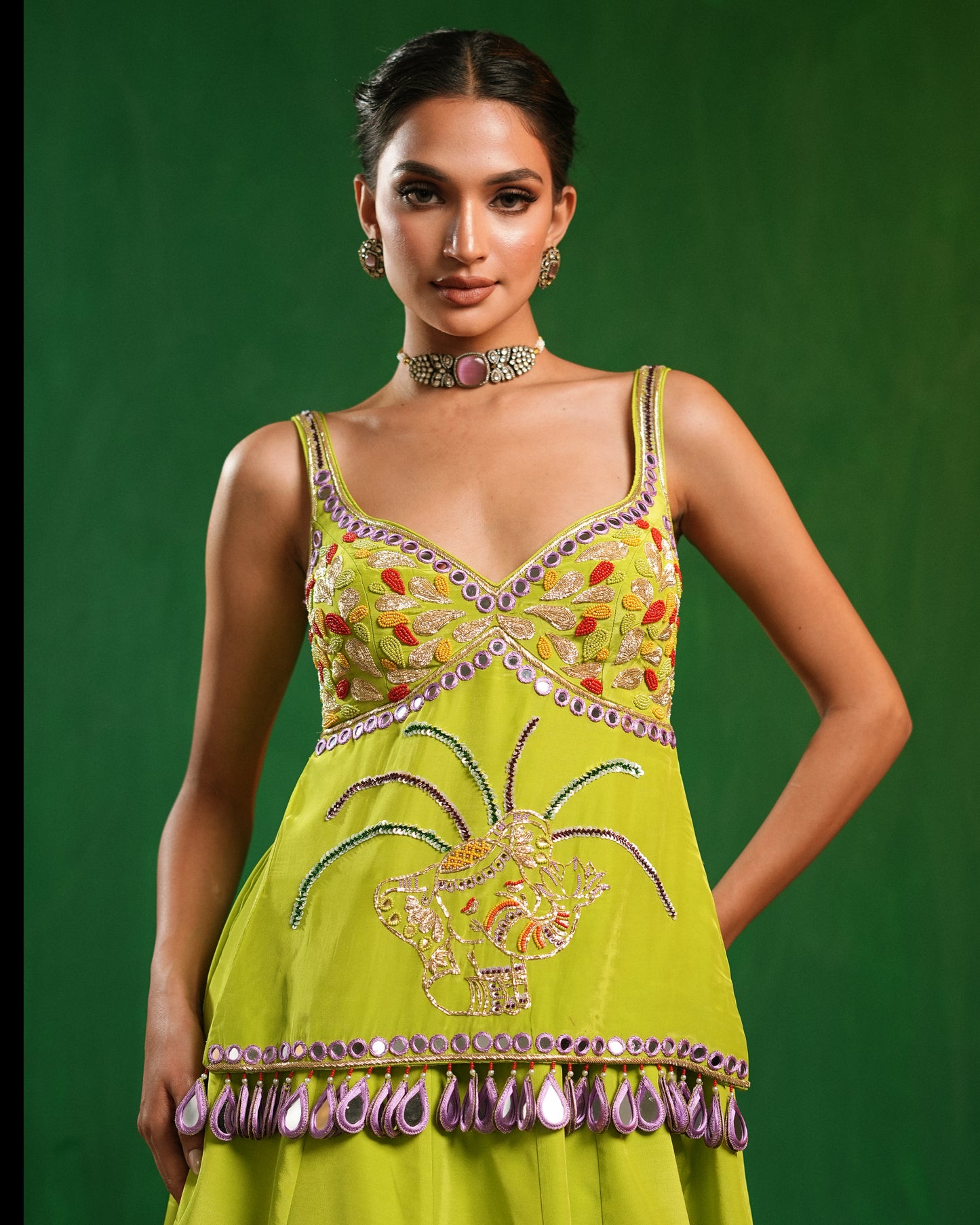 Green Purple Elephant Printed Indo Lehenga Set (Set of 2)