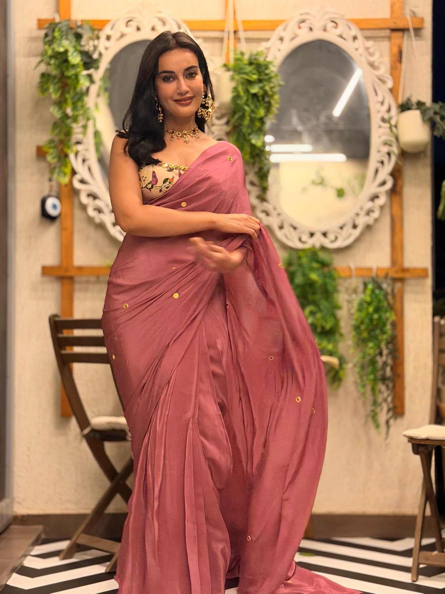 Surbhi Jyoti's Cream Lemon Print Indo Pre Drape Saree Set (Set of 2)