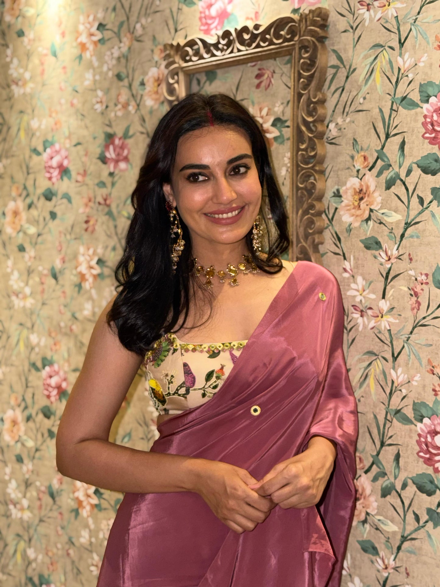 Surbhi Jyoti's Cream Lemon Print Indo Pre Drape Saree Set (Set of 2)