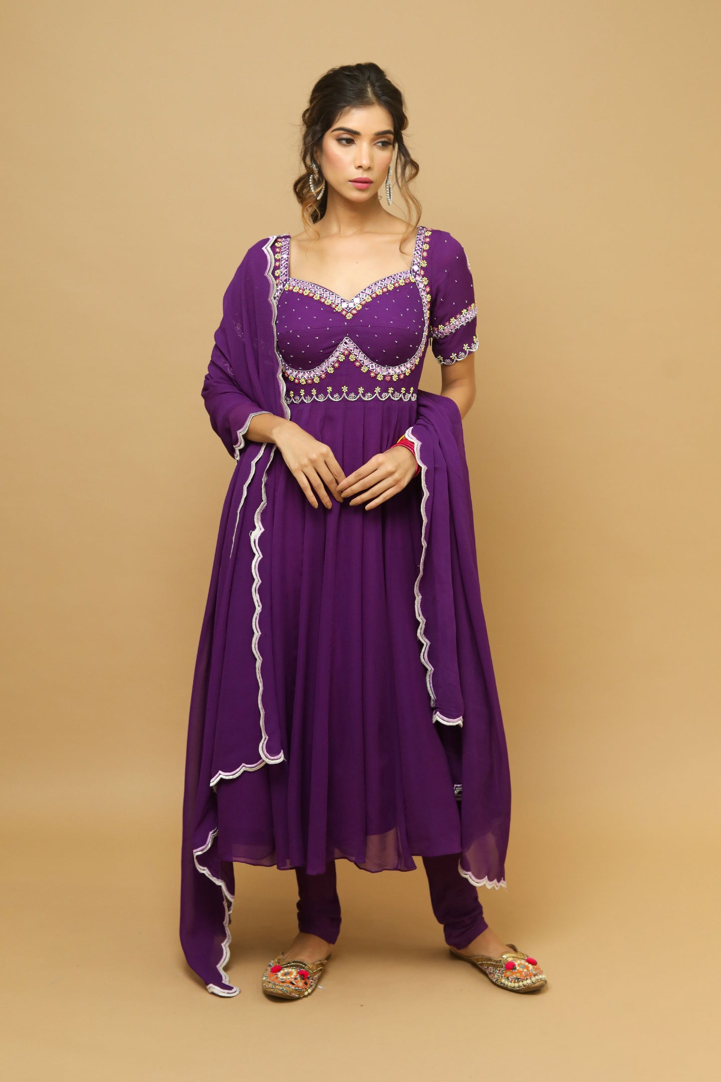 Dark Purple  Anarkali Suit Set  (Set Of 3)