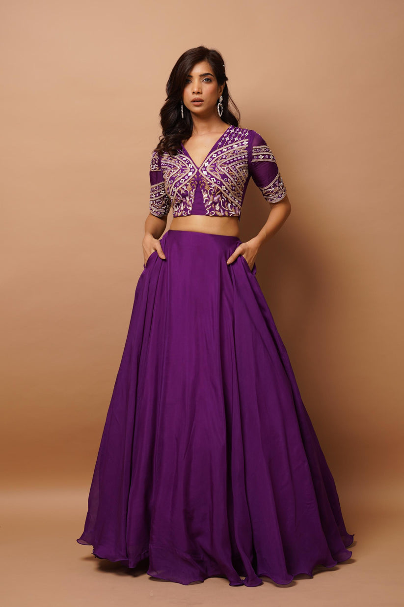 Iriscent mist purple lehenga set