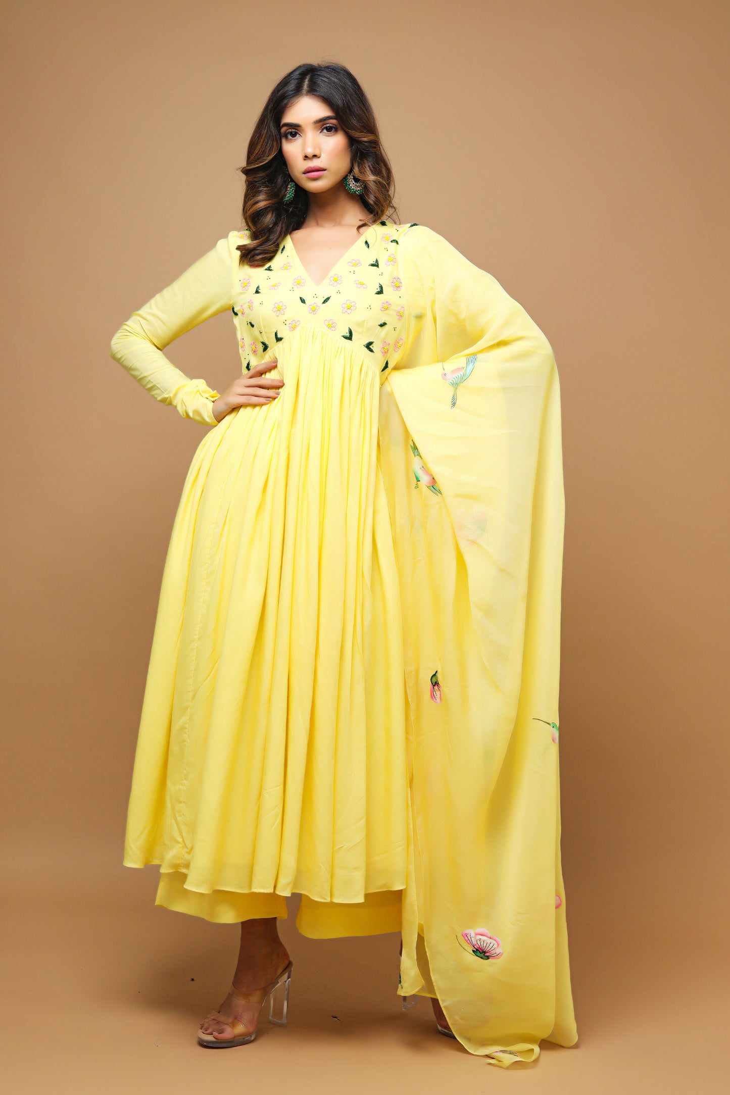 Yellow Anarkali Suit With Hand Painted Dupatta  (Set Of 3)