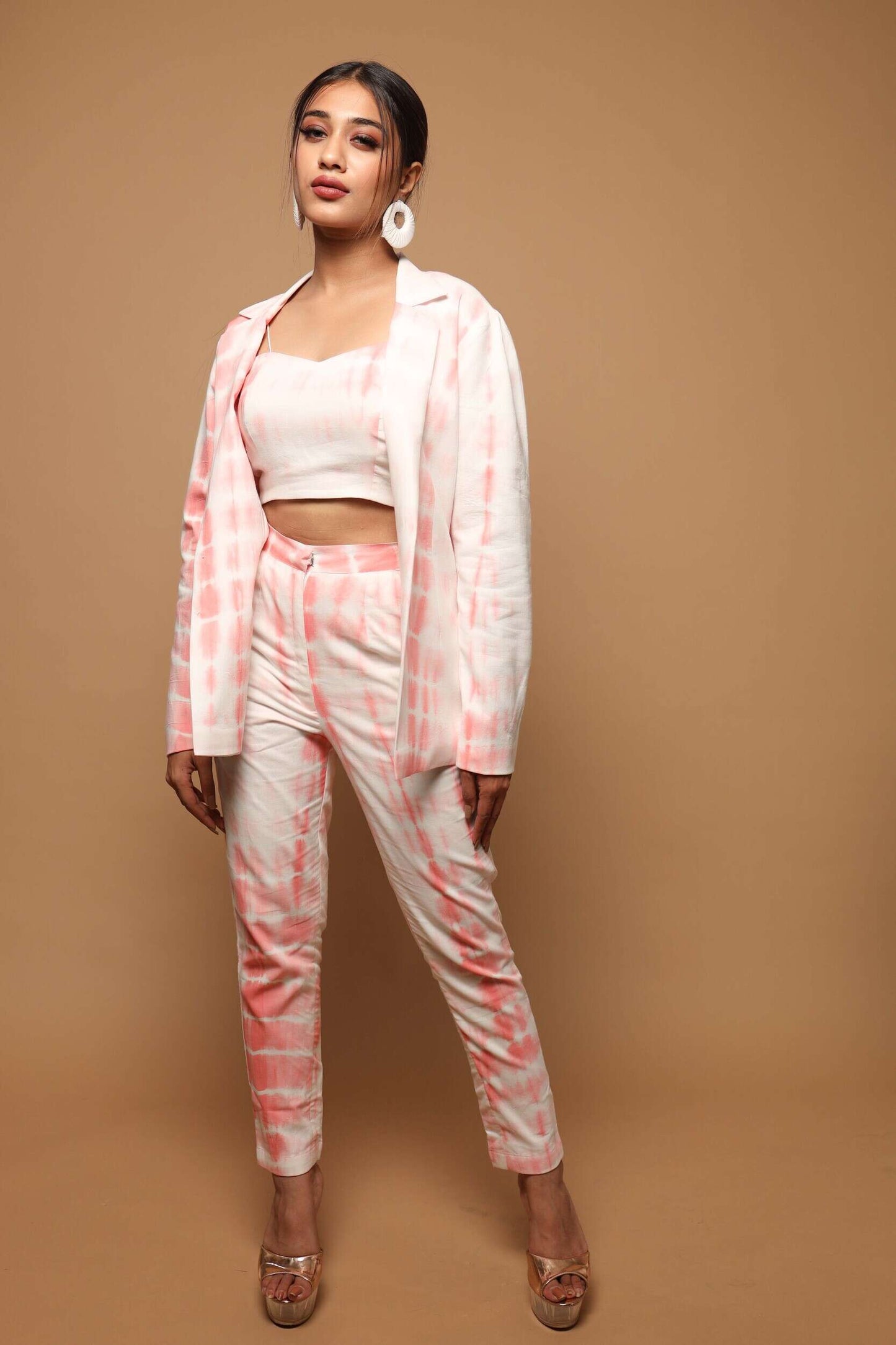 White And Pink Tie-Dye 3 Piece Suit Set