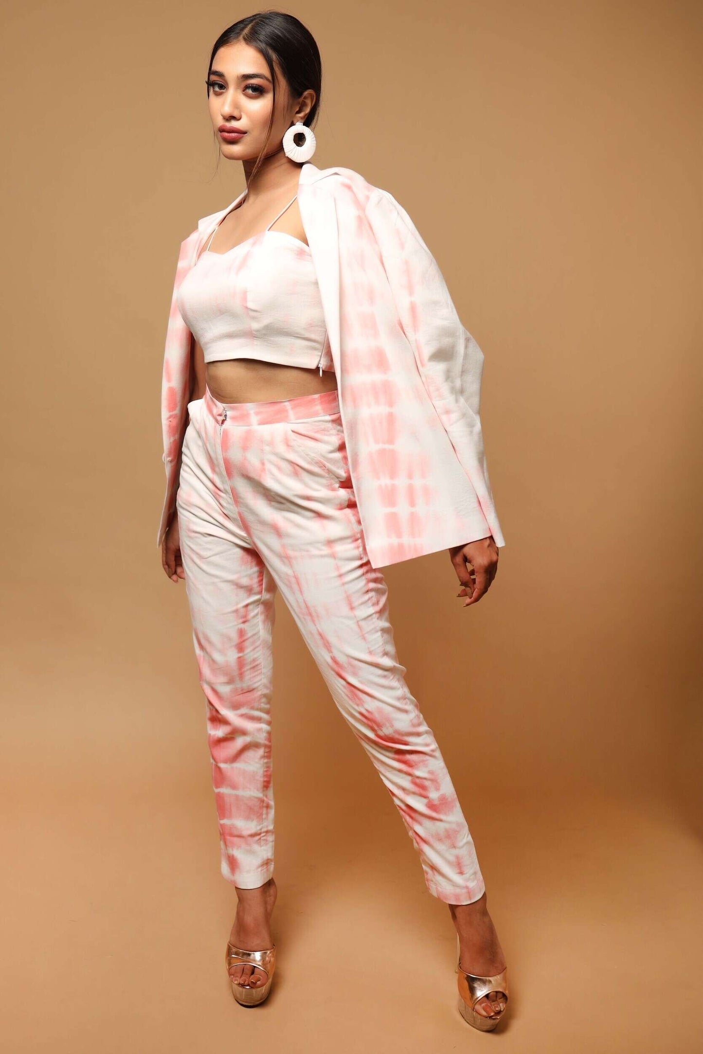 White And Pink Tie-Dye 3 Piece Suit Set