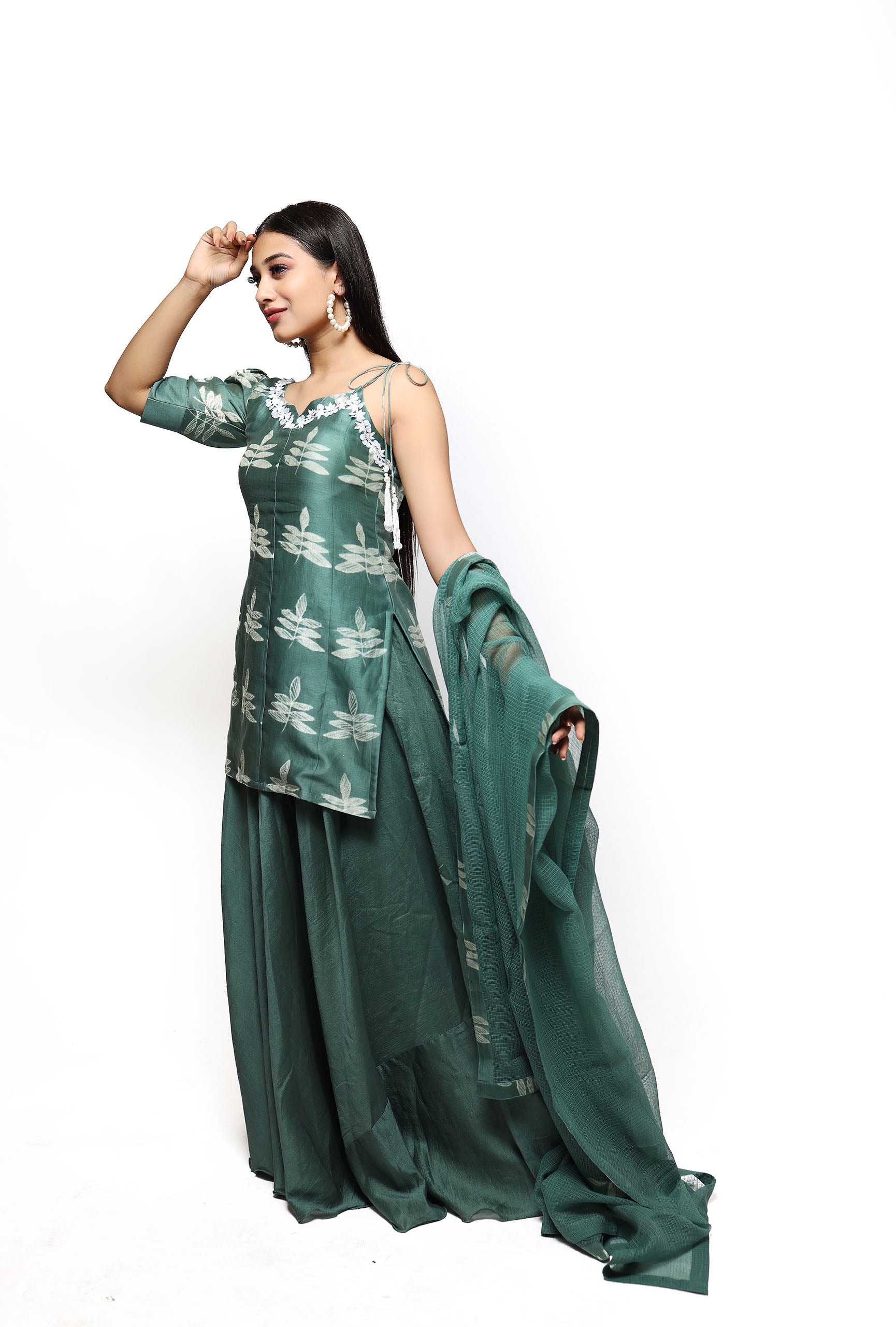 Green Shibori Kurta Skirt Set image 2