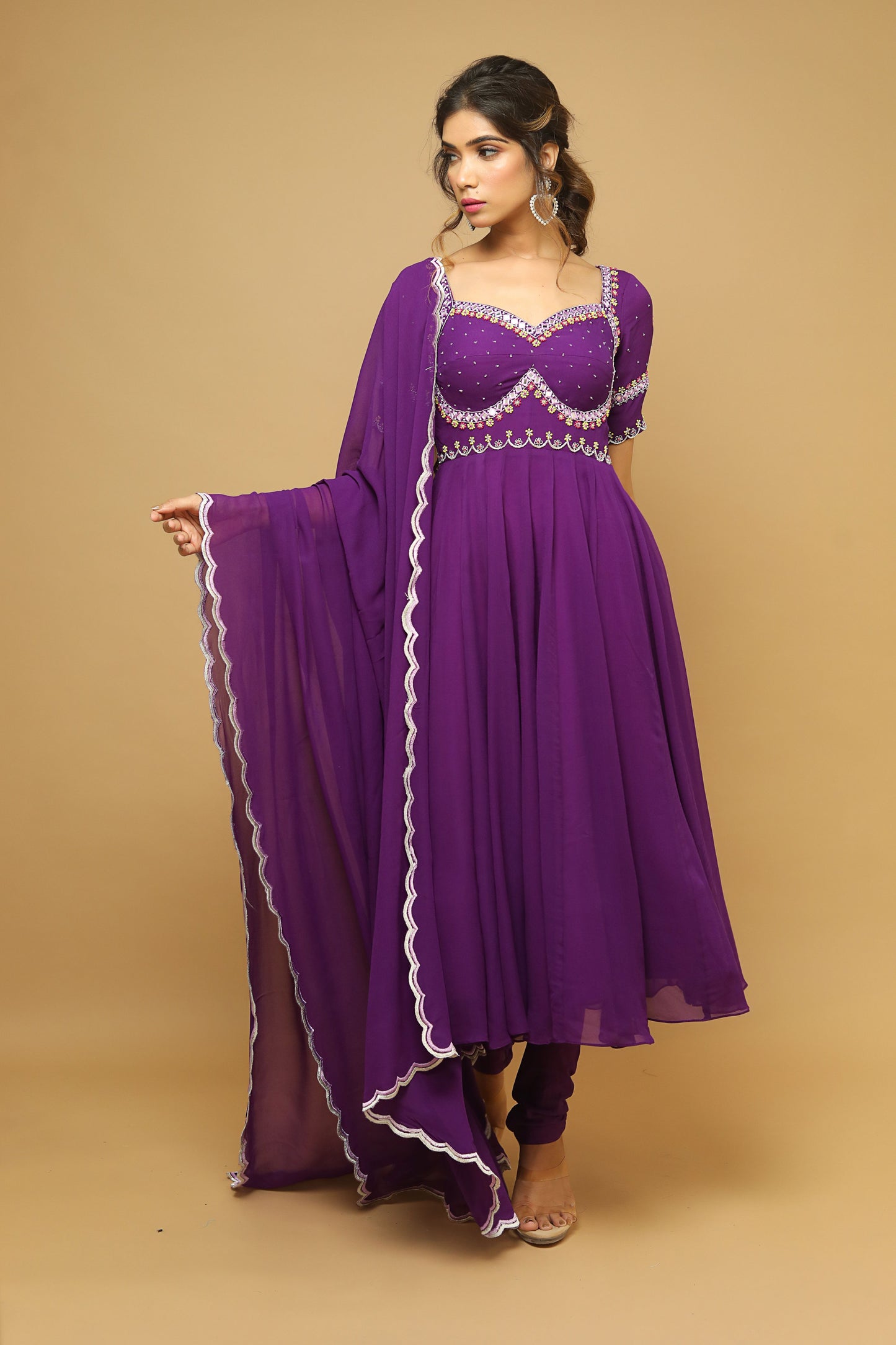 Dark Purple  Anarkali Suit Set  (Set Of 3)