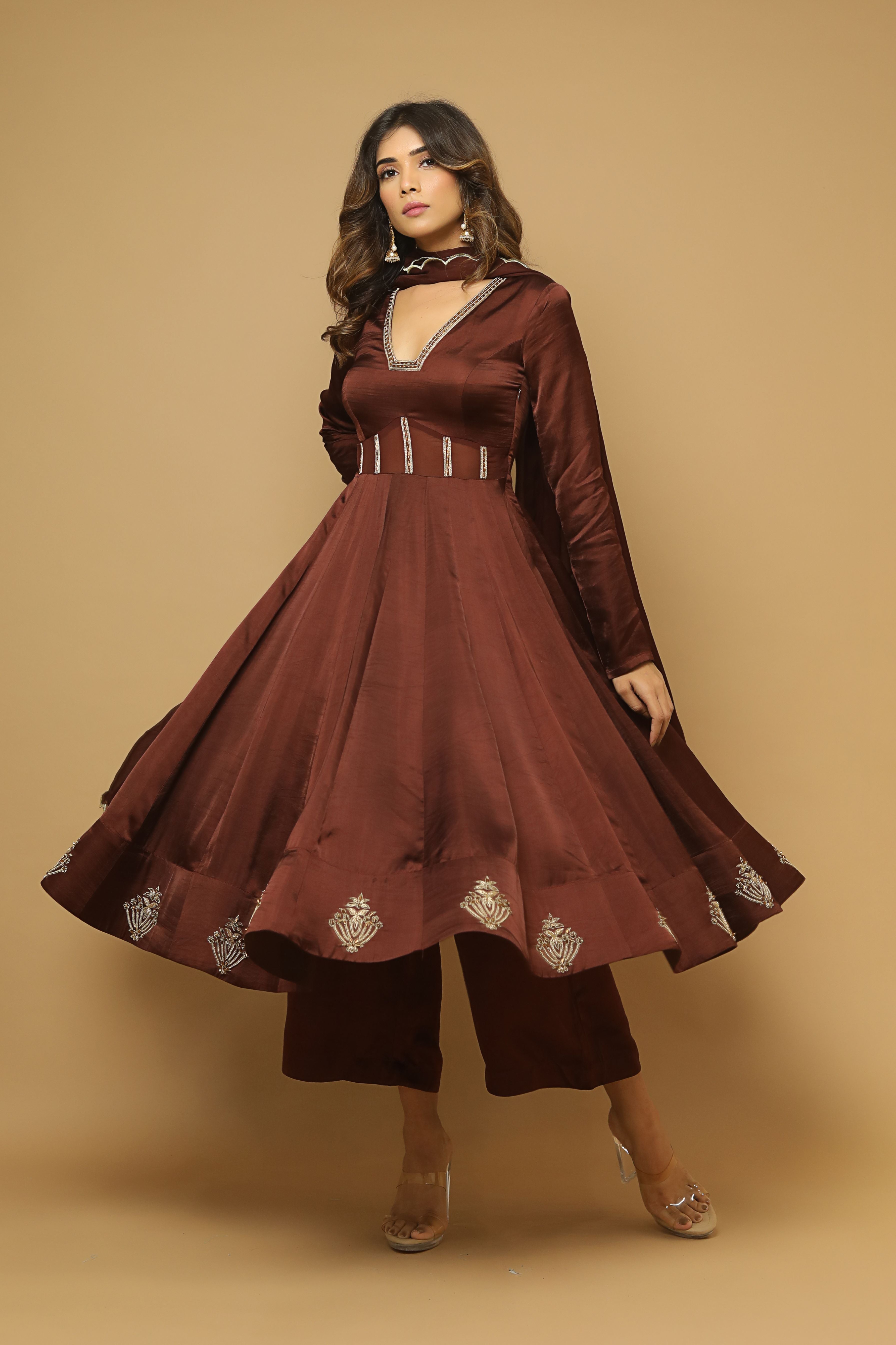 Brown Anarkali Satin Suit  Set (Set Of 3)