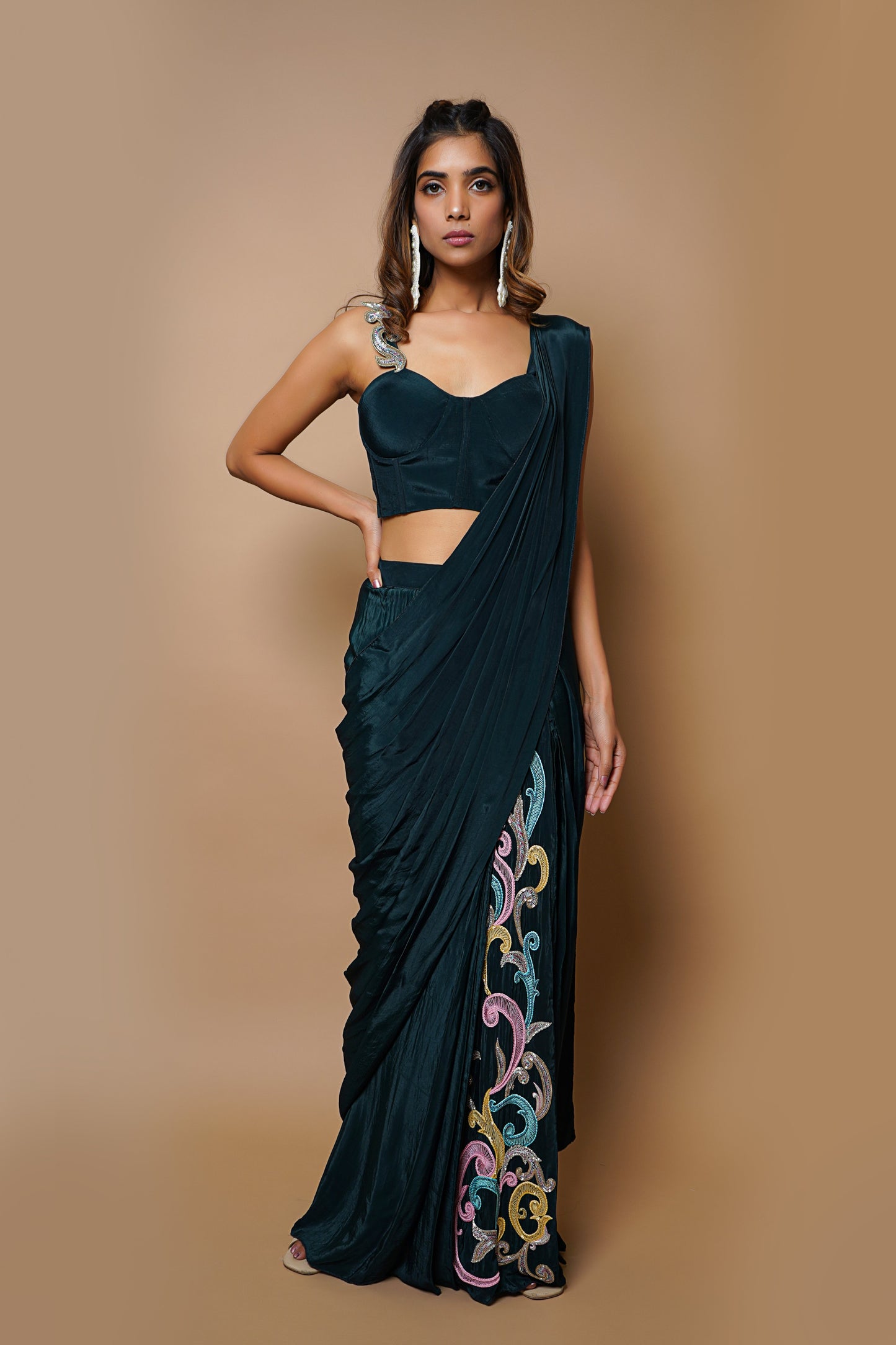 Teal Ready To Wear Saree (Set Of 2)