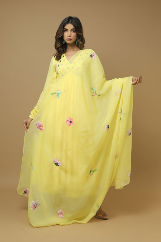 Yellow Anarkali Suit With Hand Painted Dupatta  (Set Of 3)