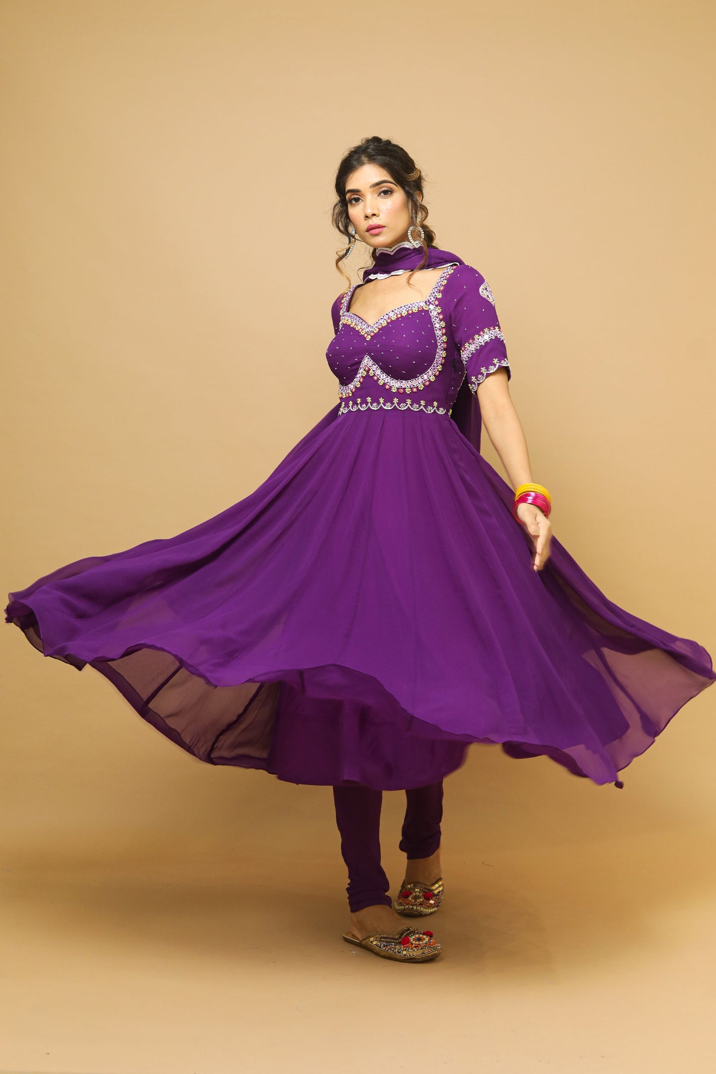 Dark Purple  Anarkali Suit Set  (Set Of 3)