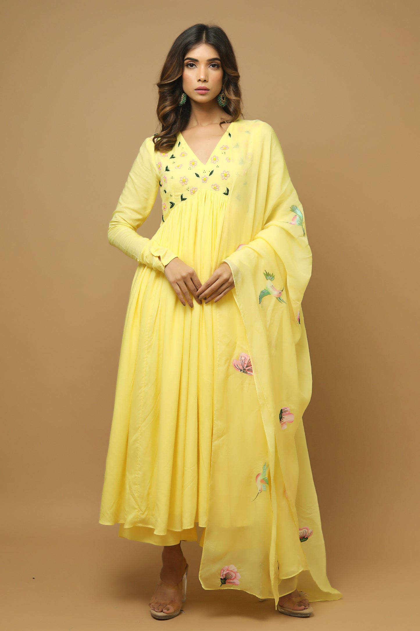 Yellow Anarkali Suit With Hand Painted Dupatta  (Set Of 3)