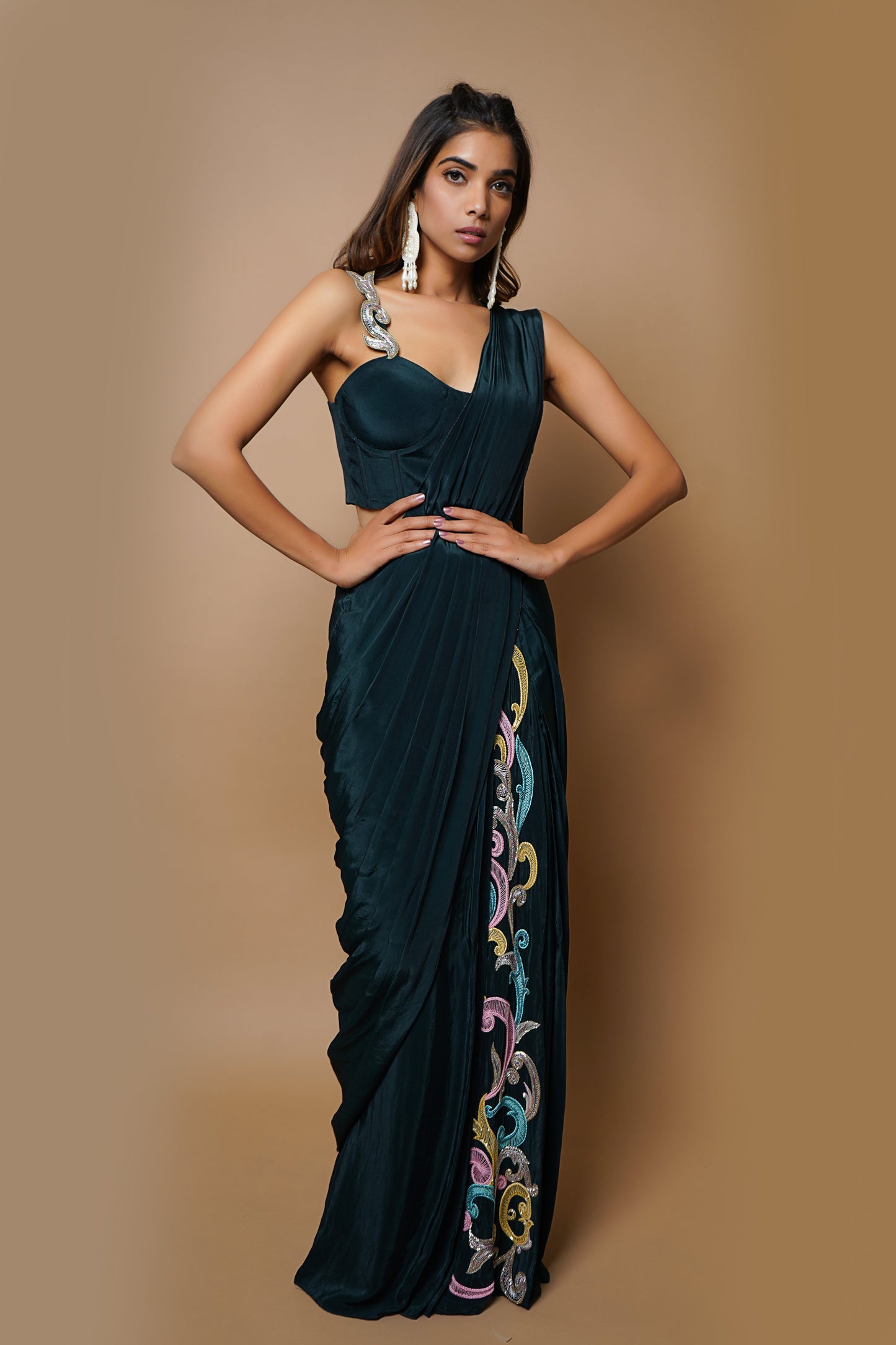 Teal Ready To Wear Saree (Set Of 2)