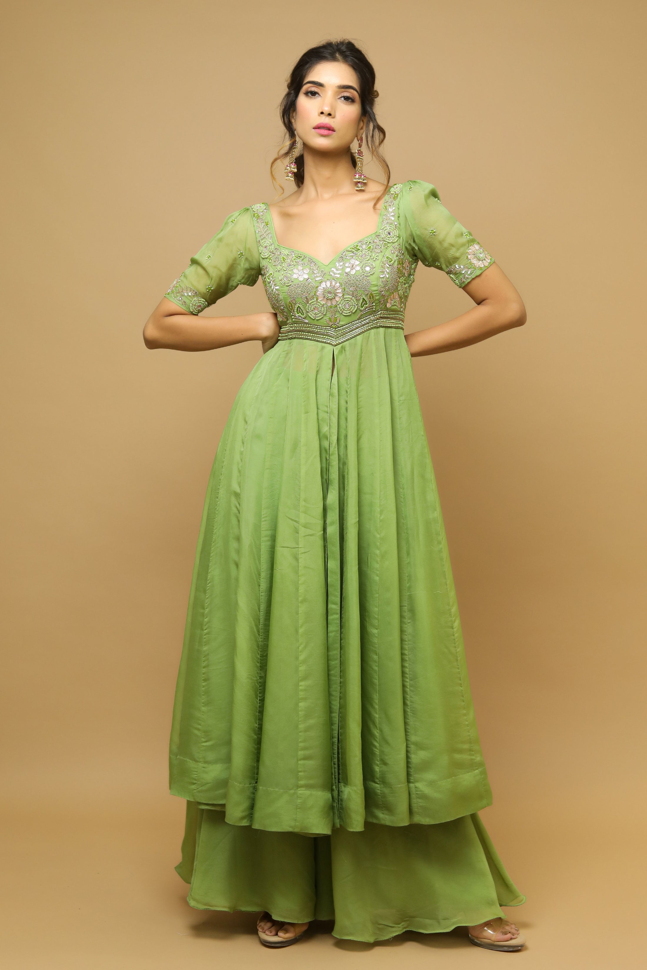 Pira Pima Satin Parrot Green Kurta Set