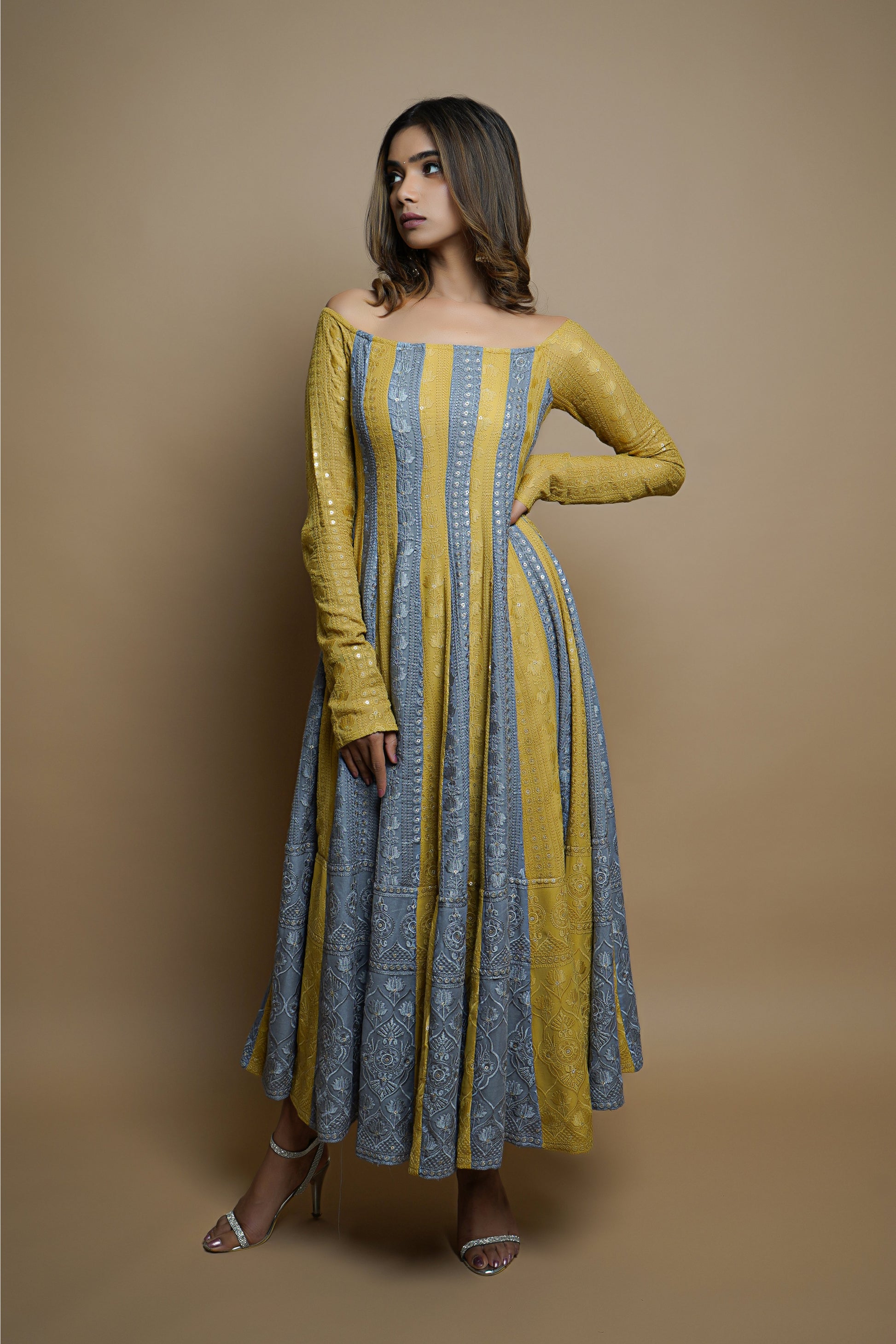 Yellow-Grey Chikankari Anarkali Set (Set Of 3) ahiclothing Yellow-Grey Chikankari Anarkali Set (Set Of 3) ahiclothing
