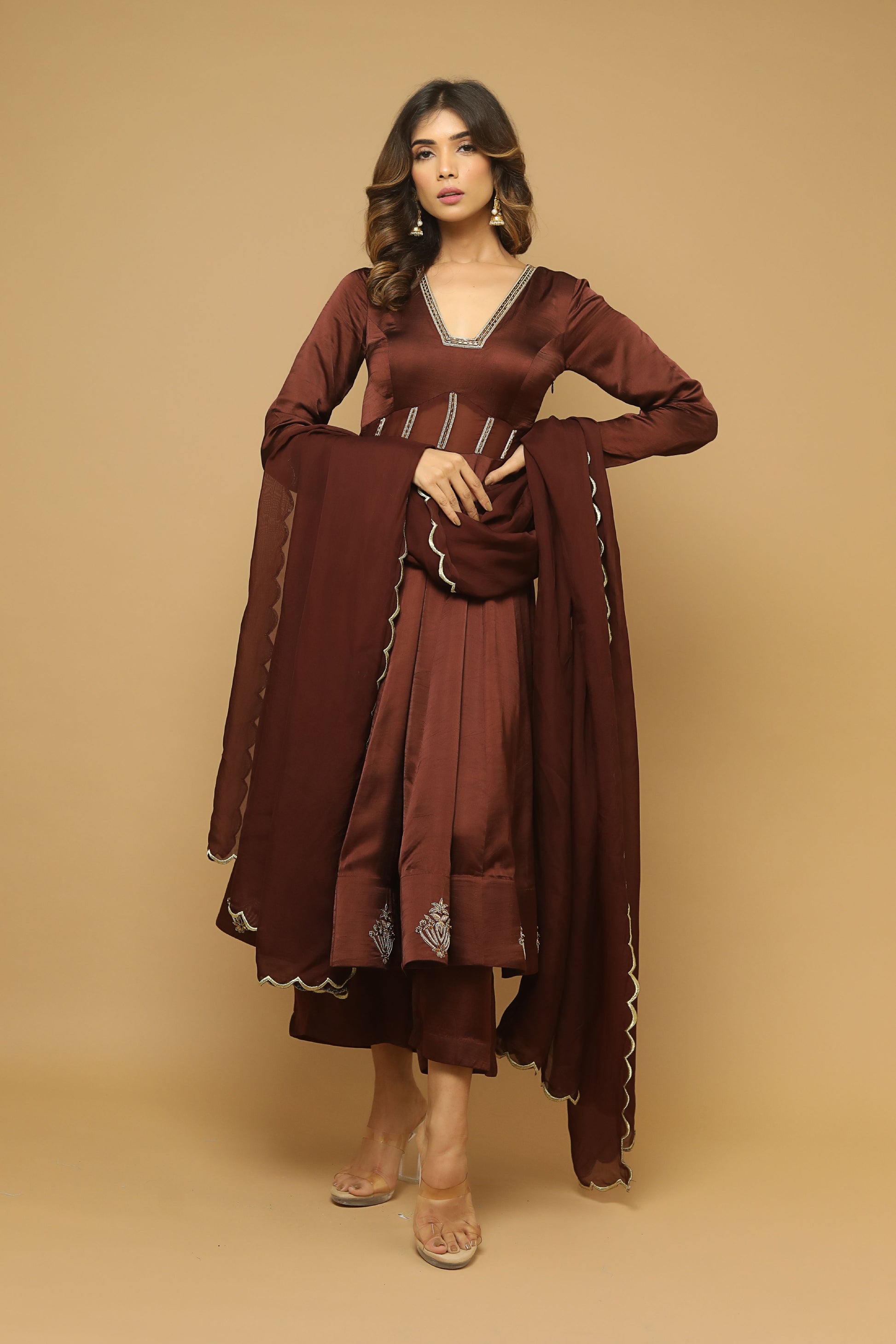 Brown Anarkali Satin Suit Set (Set Of 3) ahiclothing Brown Anarkali Satin Suit Set (Set Of 3) ahiclothing