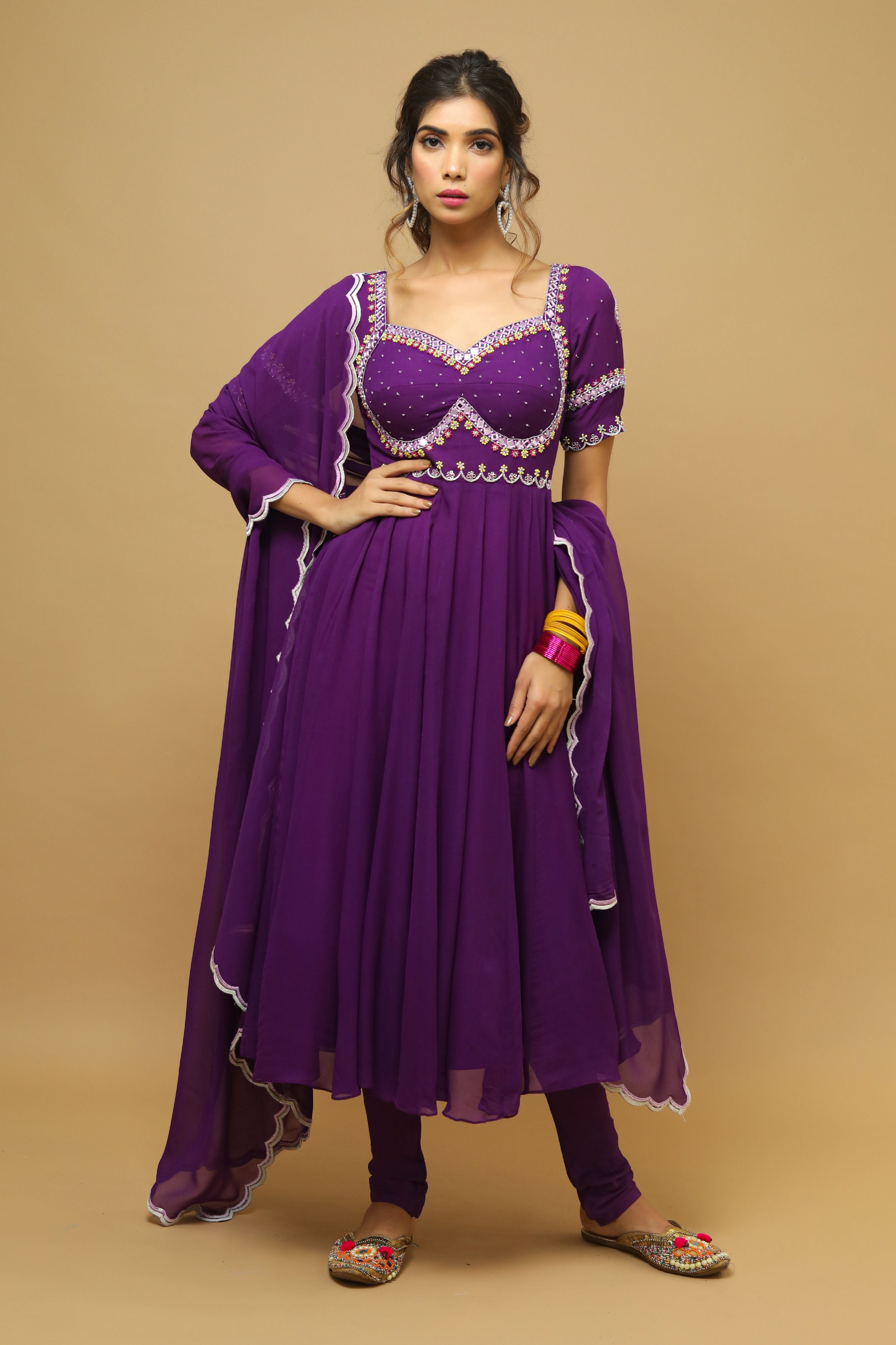 Dark Purple  Anarkali Suit Set  (Set Of 3)