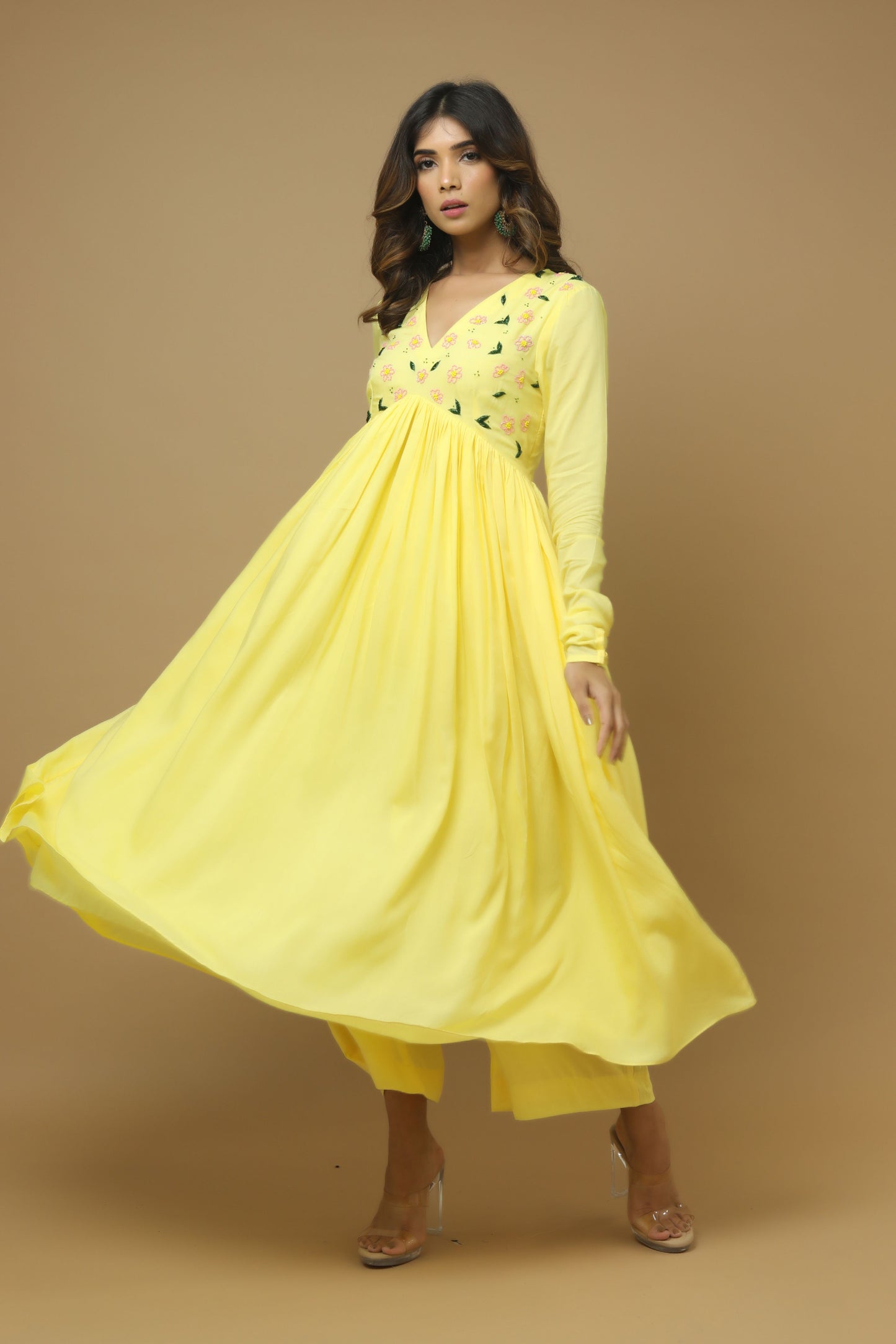 Yellow Anarkali Suit With Hand Painted Dupatta  (Set Of 3)