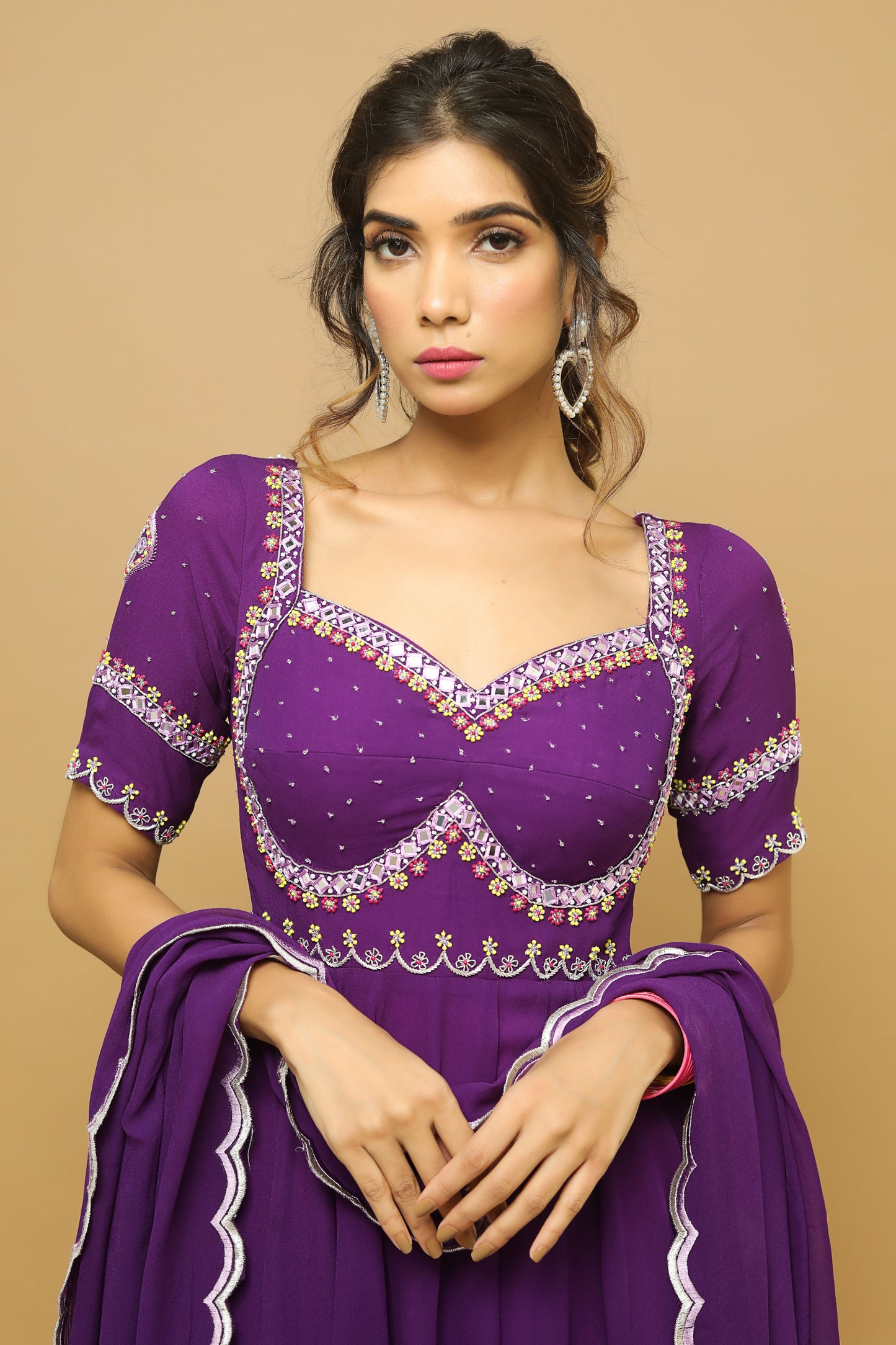 Dark Purple  Anarkali Suit Set  (Set Of 3)