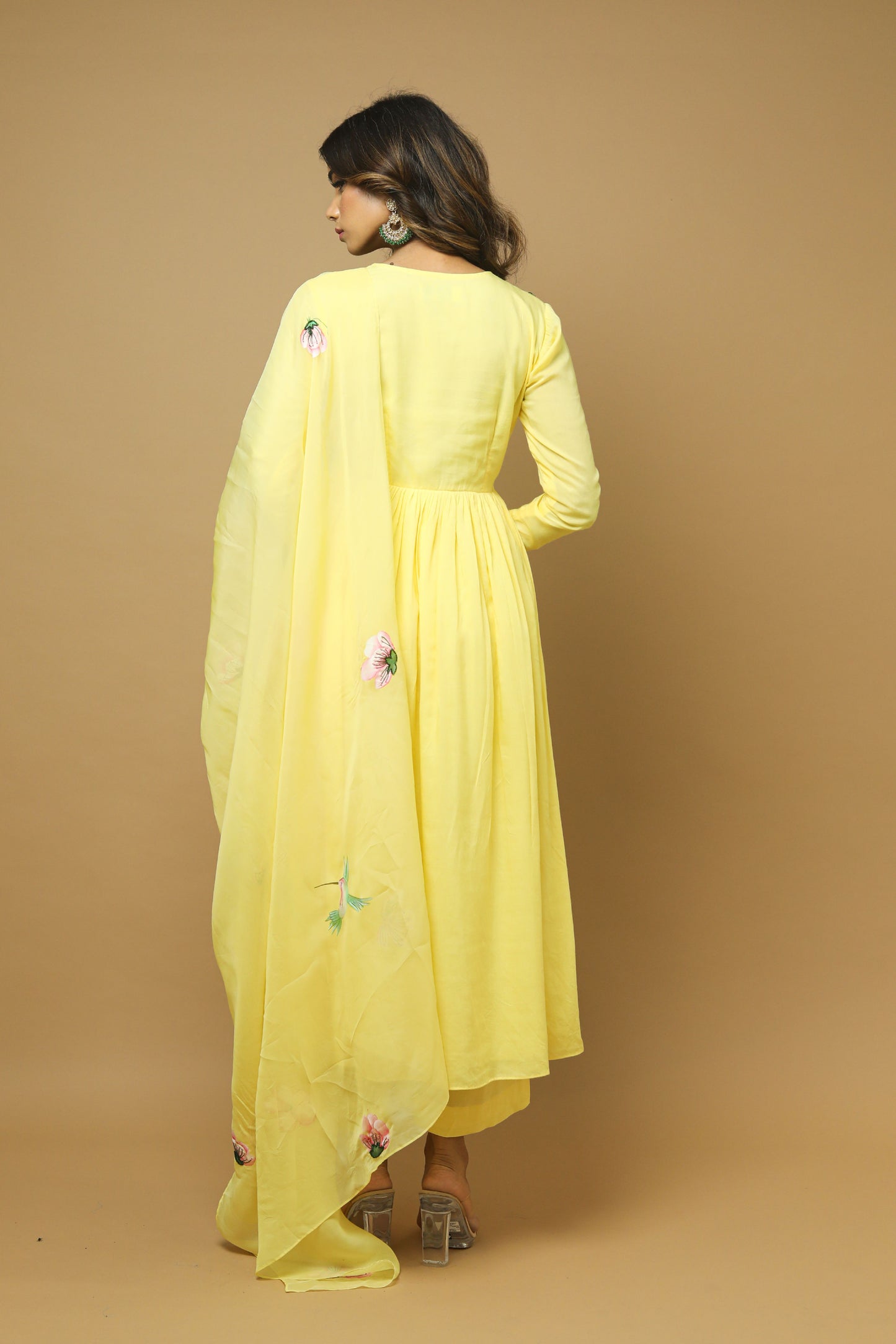 Yellow Anarkali Suit With Hand Painted Dupatta  (Set Of 3)