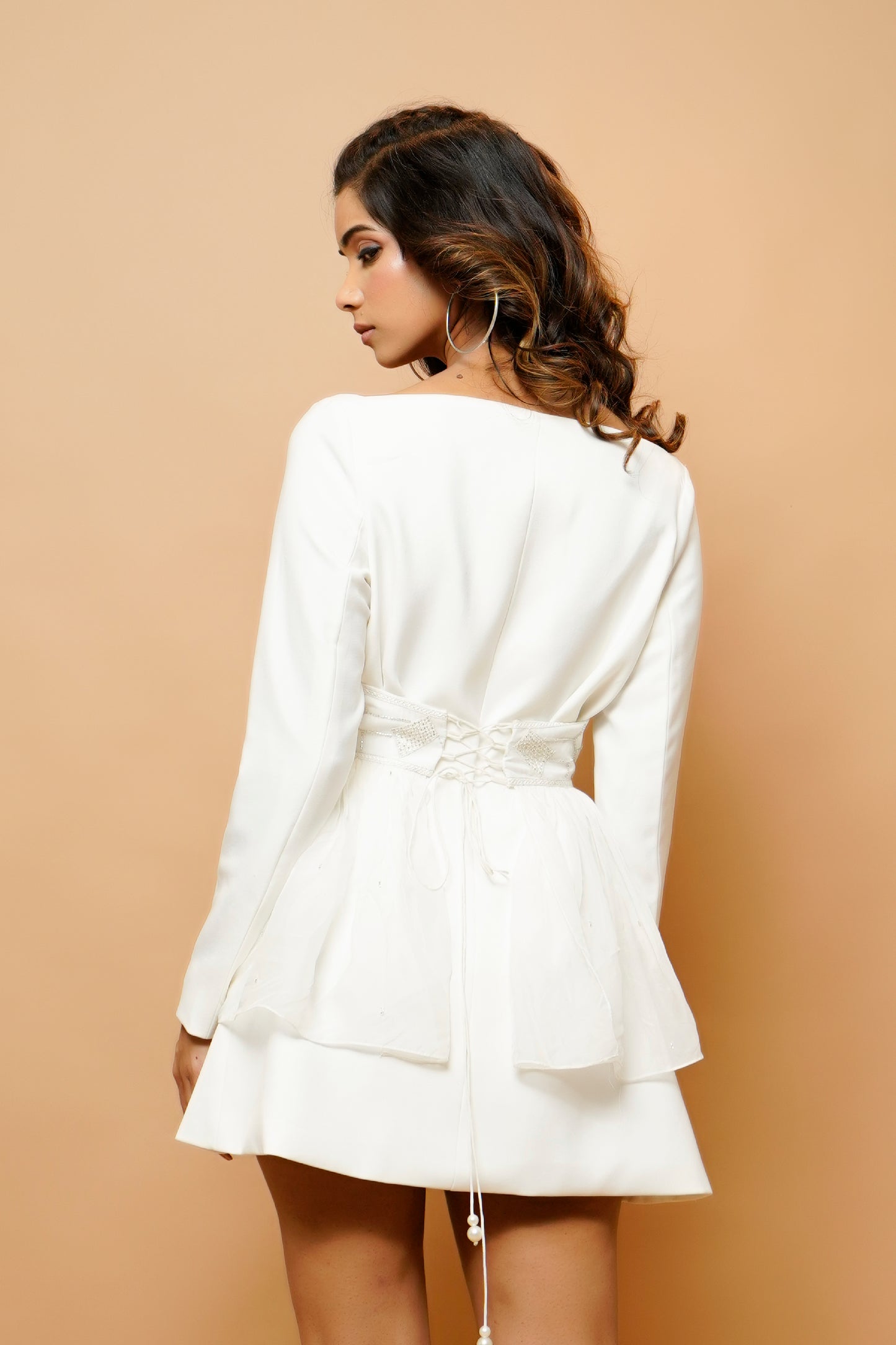 White Jacket Dress With Organza Belt