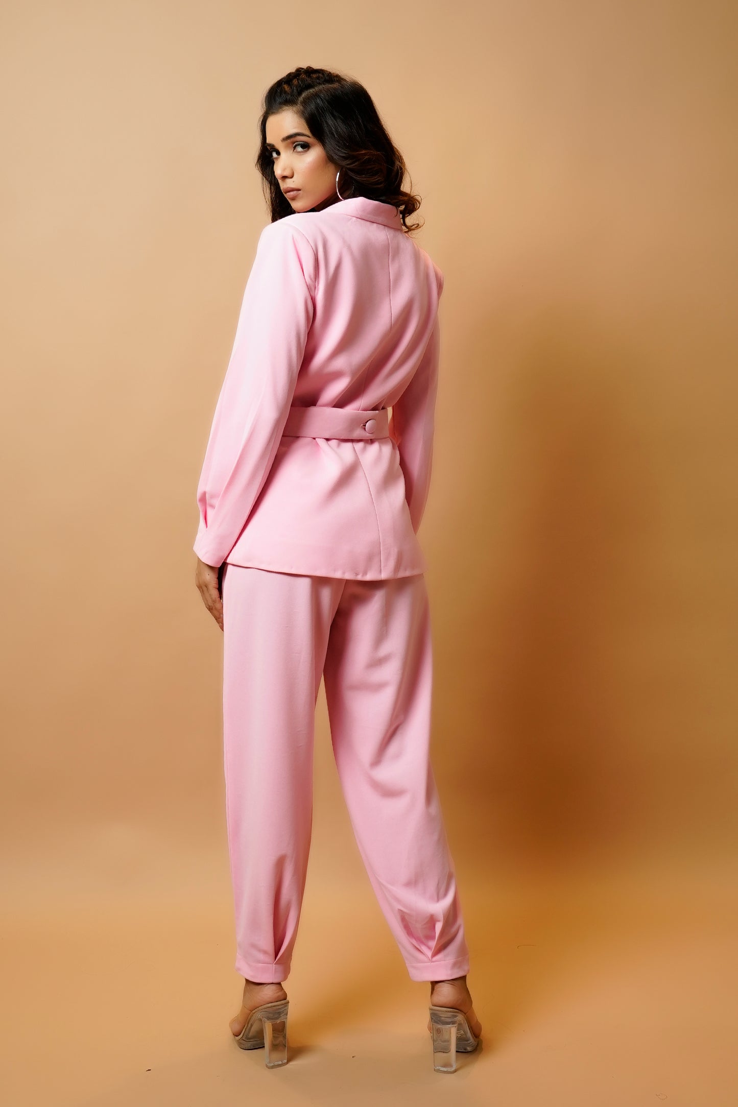 Sweet Pink Loose Fit Pant Suit With Pocket Belt