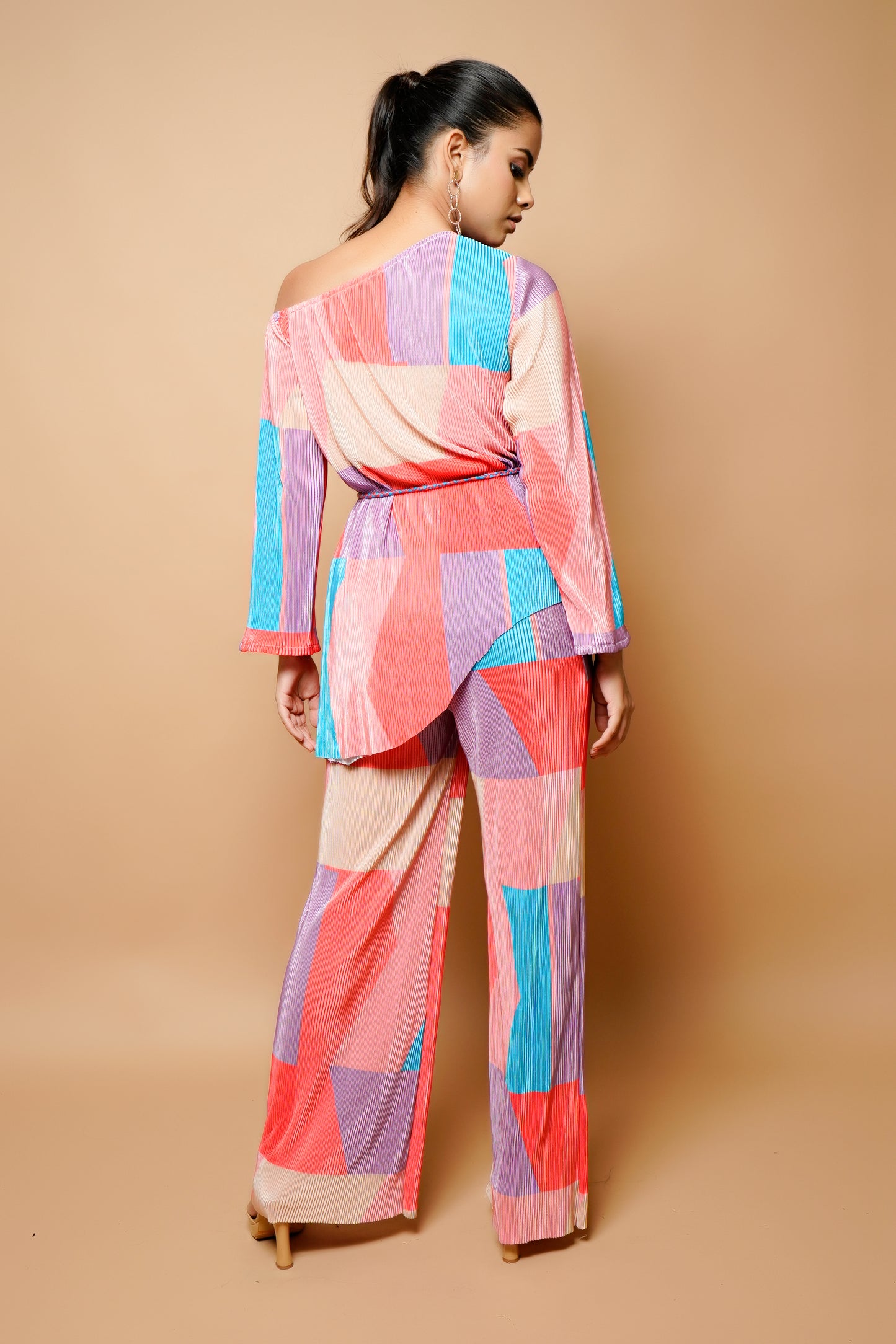 Multicolour Crushed Co-Ord With Belt