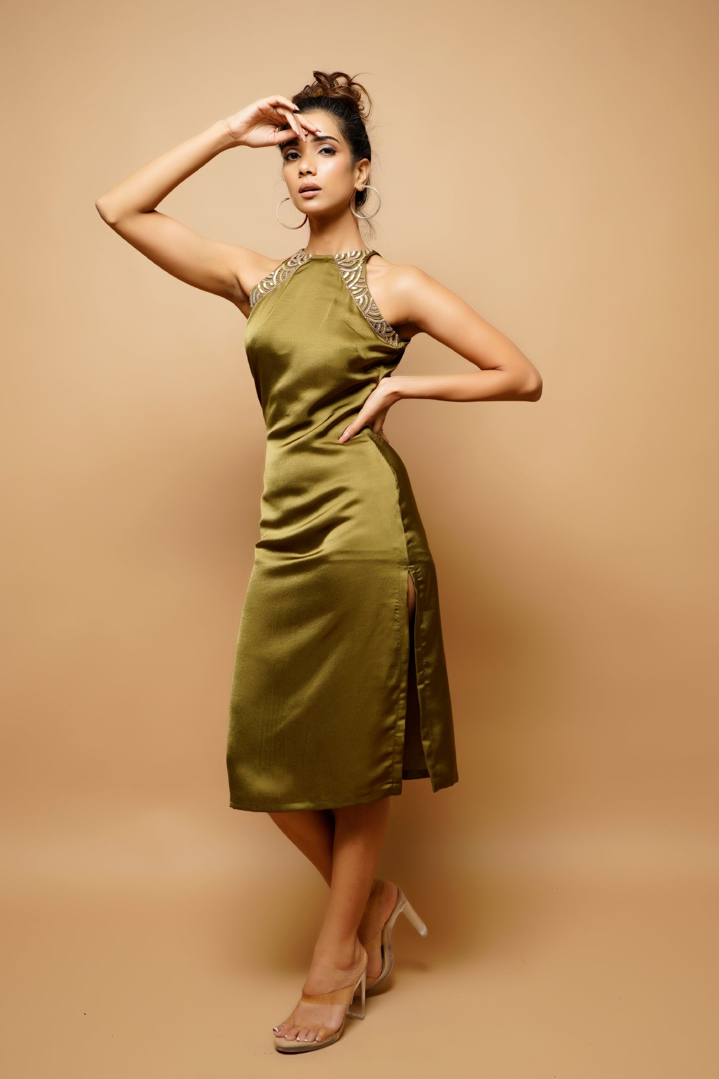 Olive Green Halter Neck Sheath Dress